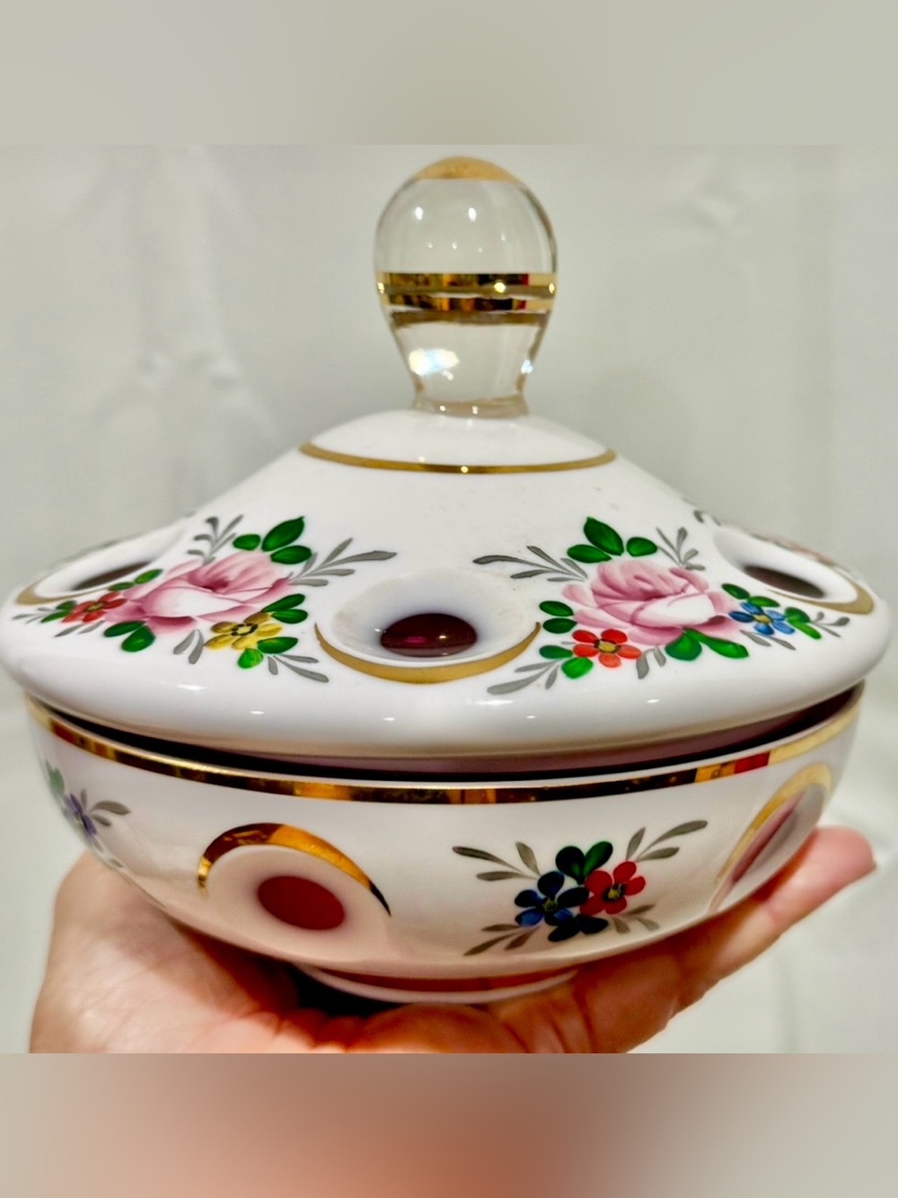 Candy dish w/lid vintage czech bohemian overlay cut glass - 2-3 minor chips